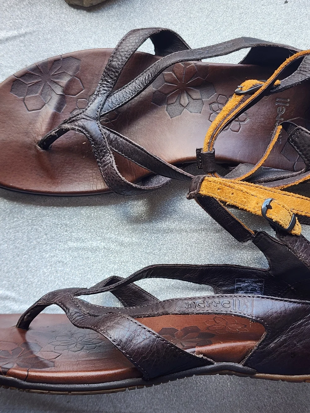 Merrell Brown Leather Sandals with Mustard Ankle Strap